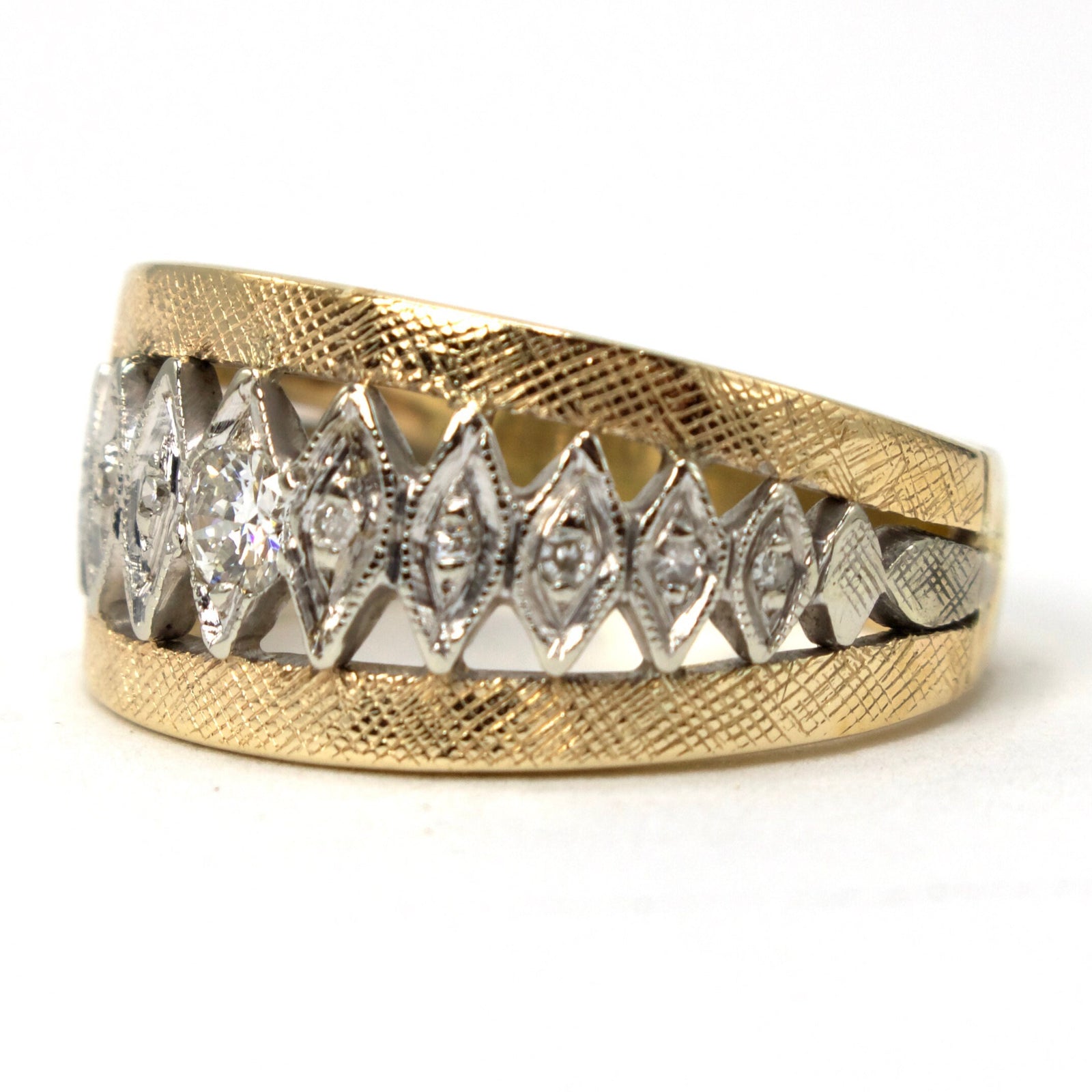 Wide Florentine Finish Diamond and Bicolor Gold Midcentury Open Band