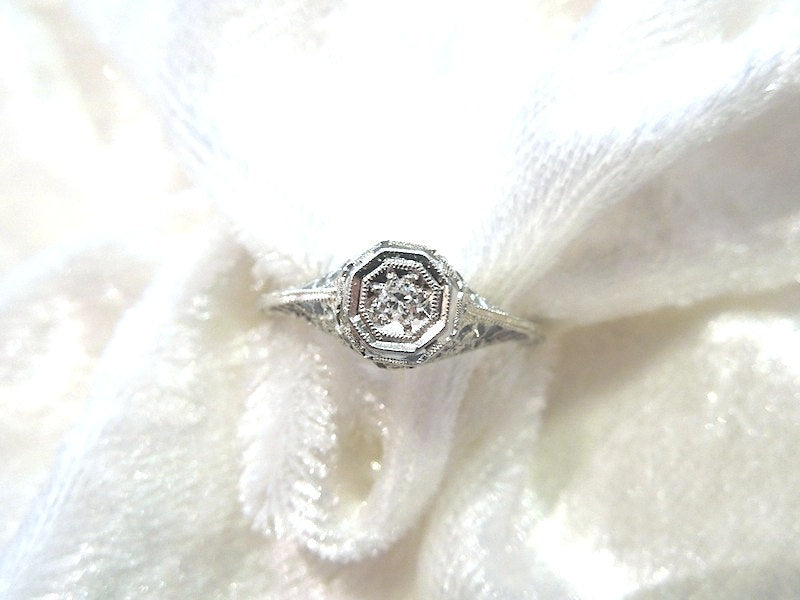 Art Deco Style 14K White Gold Diamond Filigree Ring