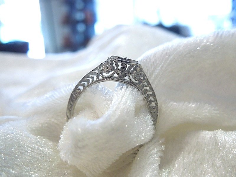 Art Deco Style 14K White Gold Diamond Filigree Ring