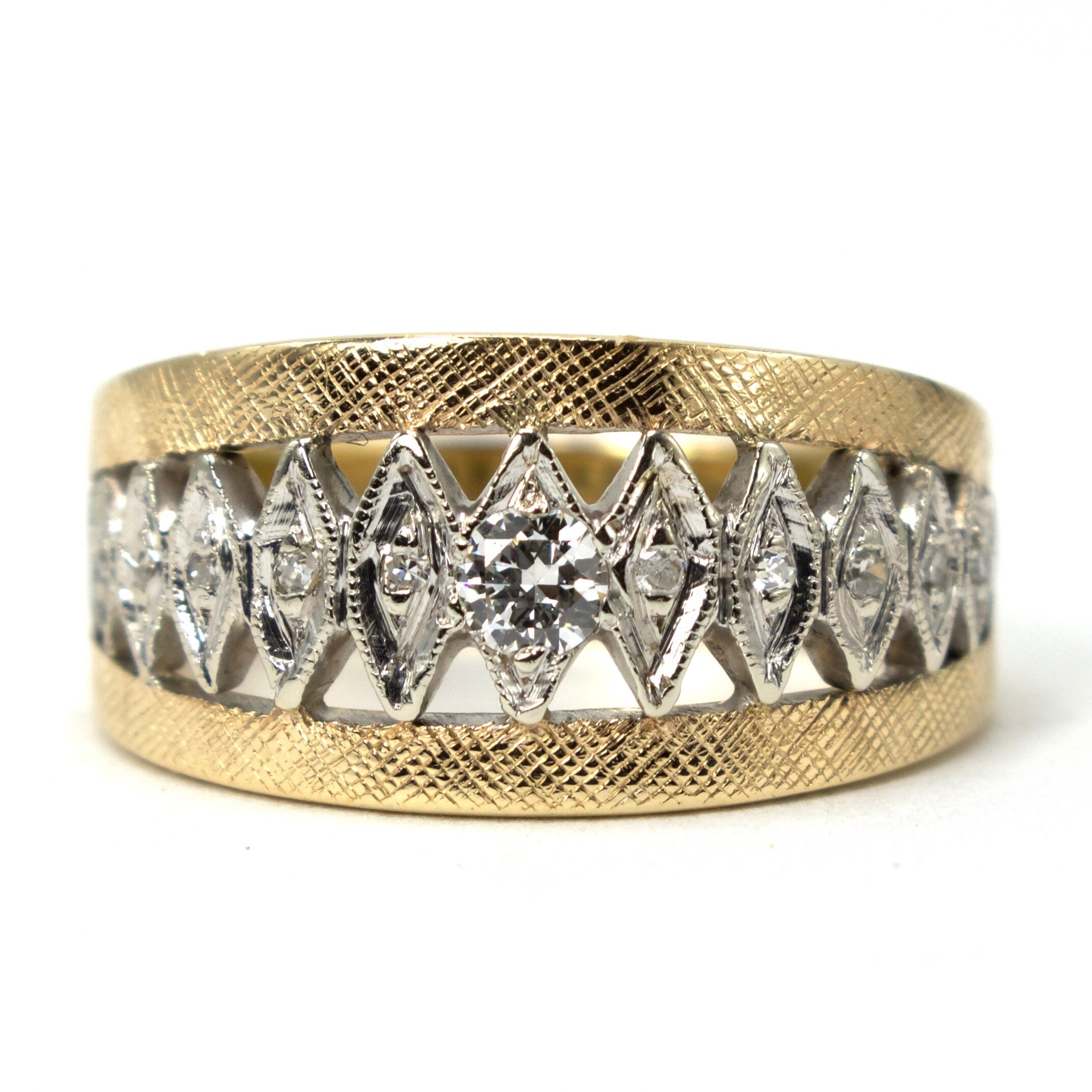 Wide Florentine Finish Diamond and Bicolor Gold Midcentury Open Band