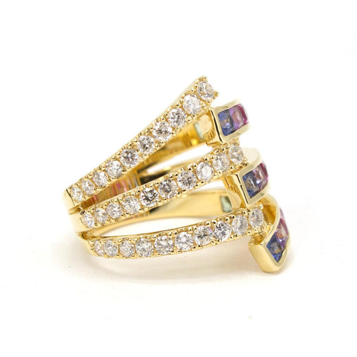 Triple Split Shank Diamond and Rainbow Sapphire Ring in 18K Yellow Gold