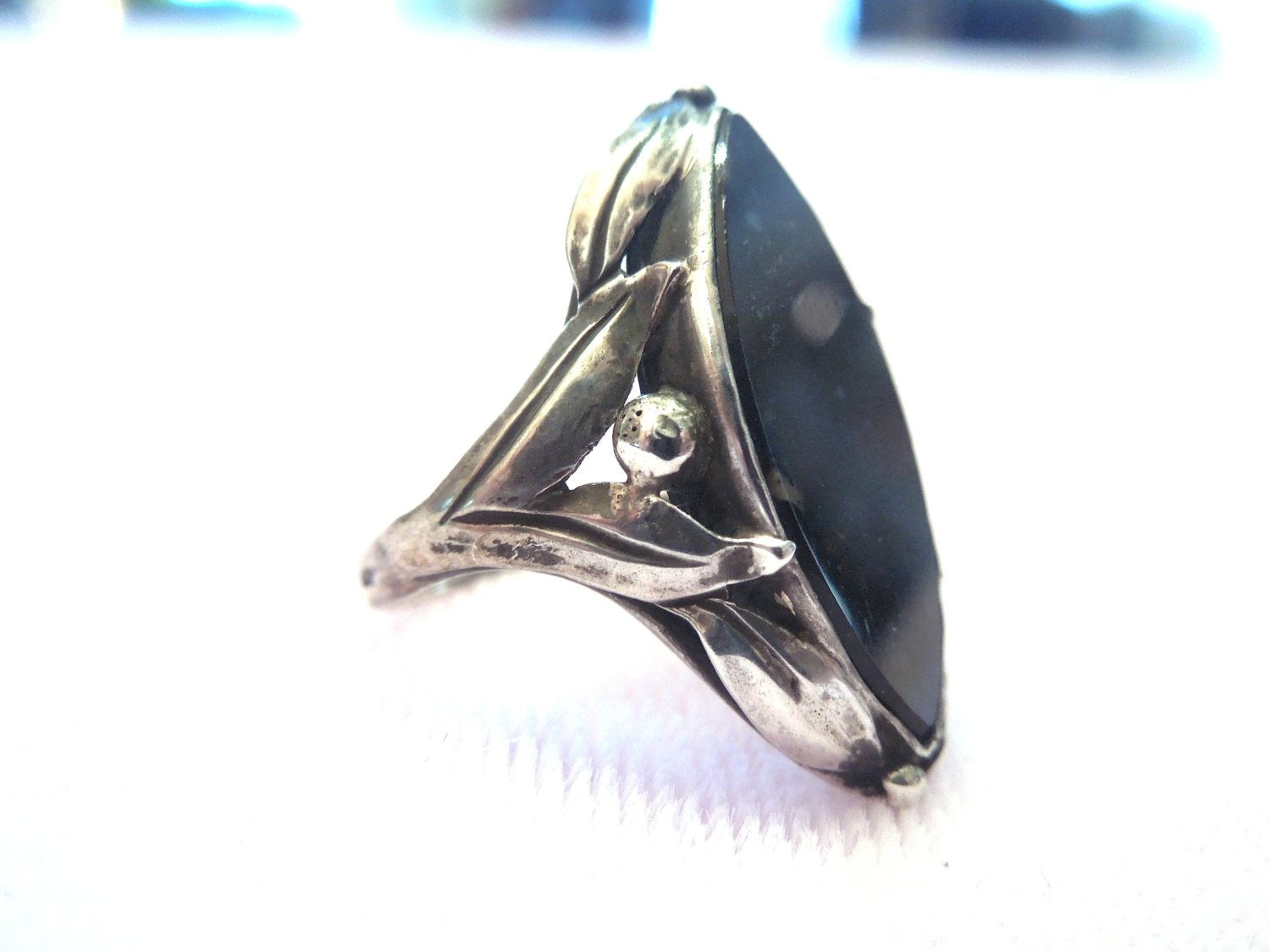 Marquise Cut Onyx and Sterling Silver Ring
