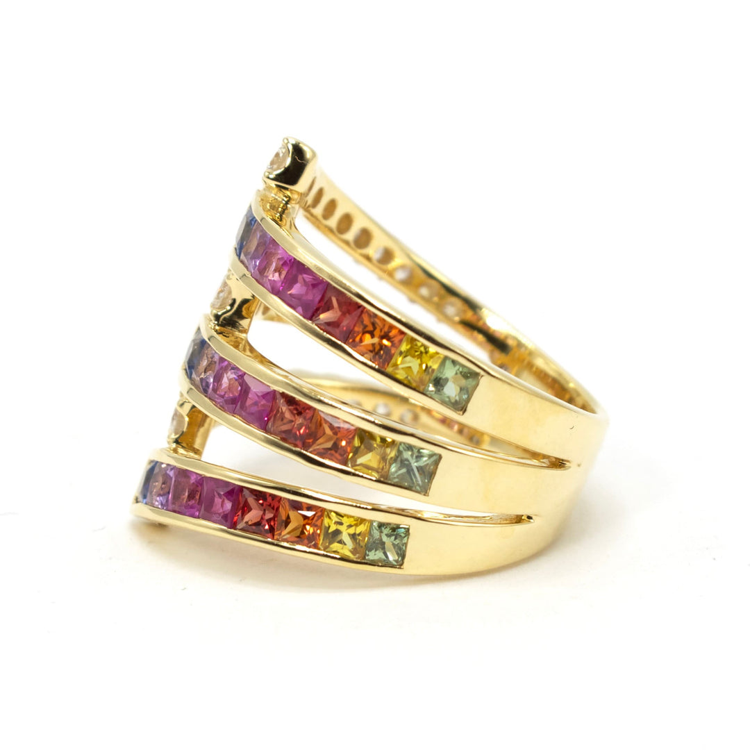 Triple Split Shank Diamond and Rainbow Sapphire Ring in 18K Yellow Gold