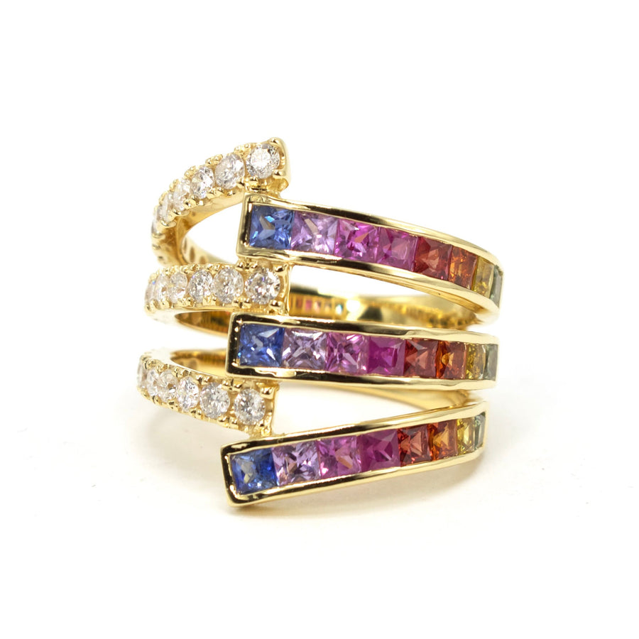 Triple Split Shank Diamond and Rainbow Sapphire Ring in 18K Yellow Gold