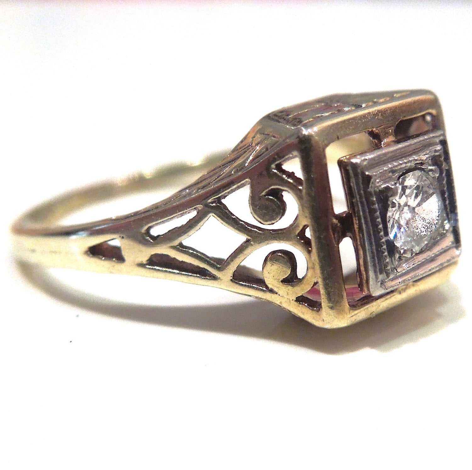 14K Yellow Gold and Platinum Diamond Filigree Engagement Ring