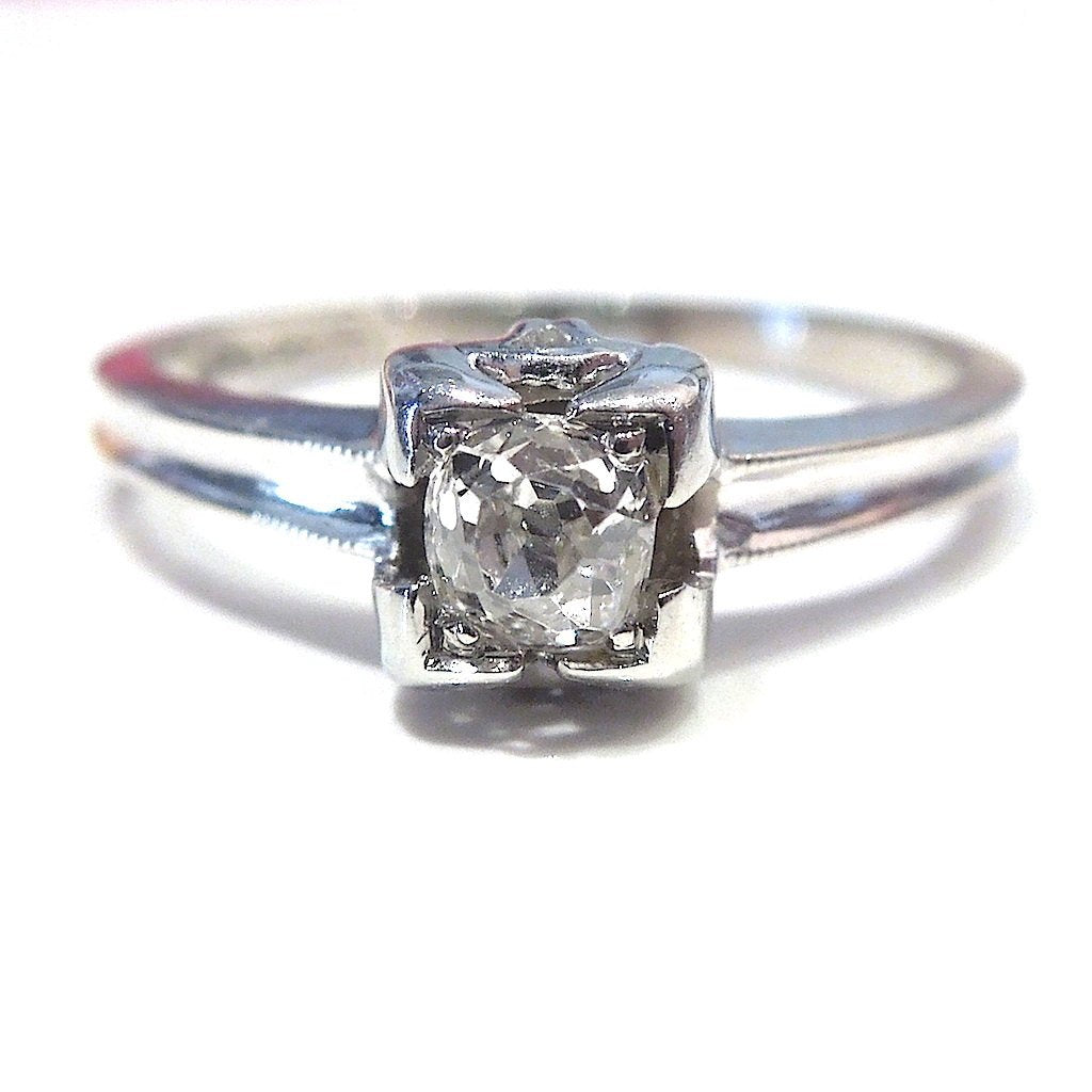 Vintage .25ct Old Mine Cut Diamond in White Gold Engagement Ring