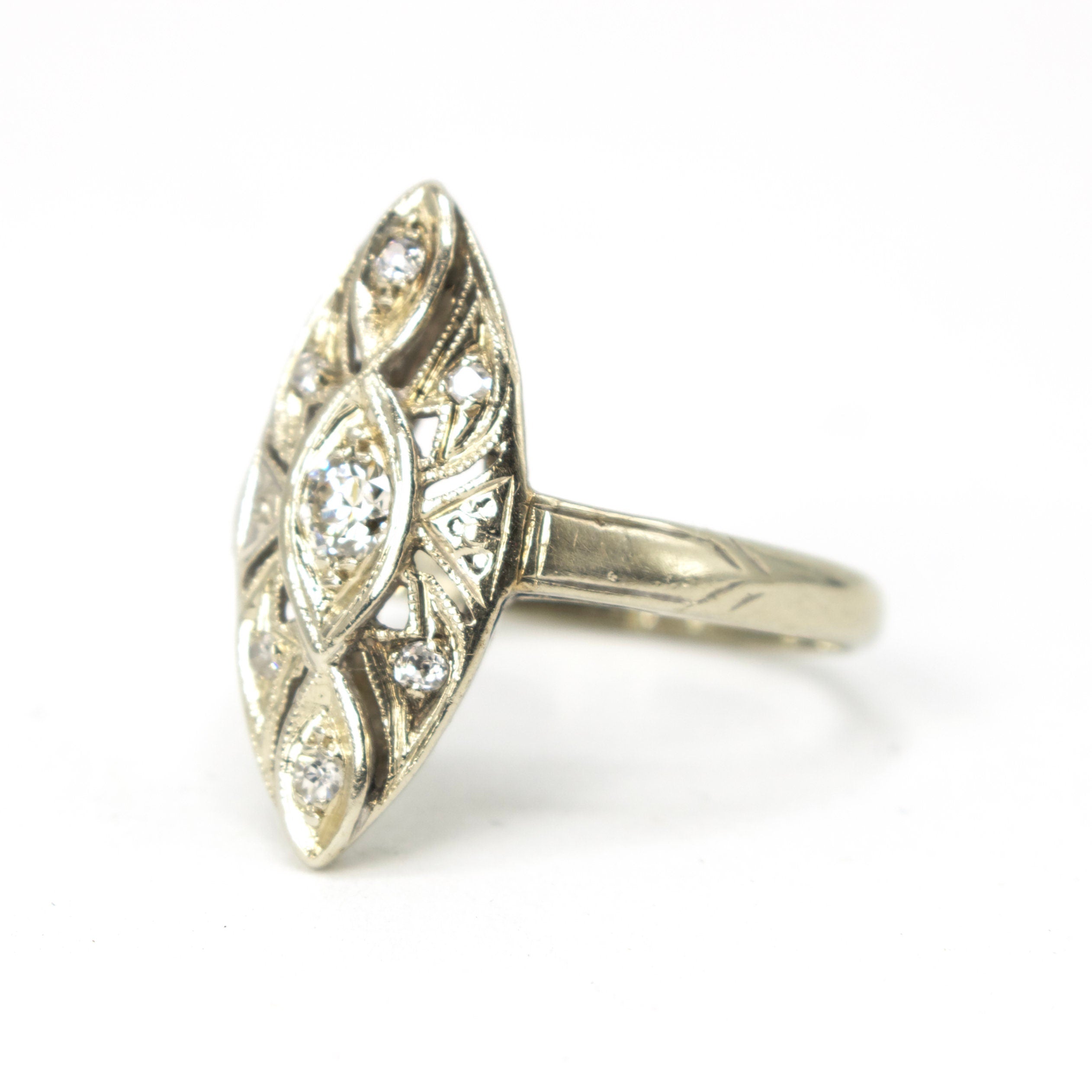 Antique Art Deco Diamond and White Gold Navette Ring