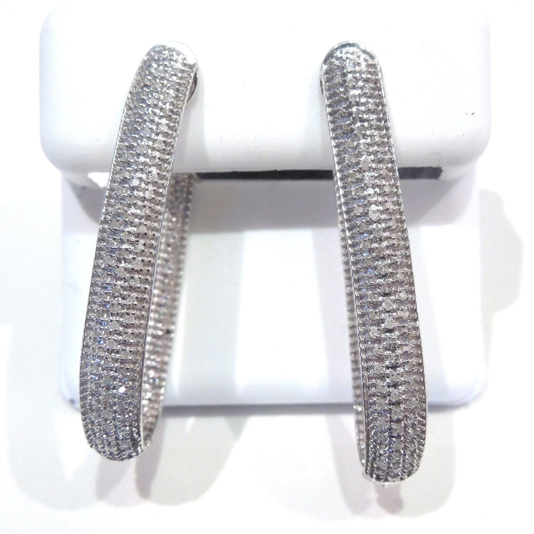Sterling Silver and Oblong Diamond Hoop Earrings