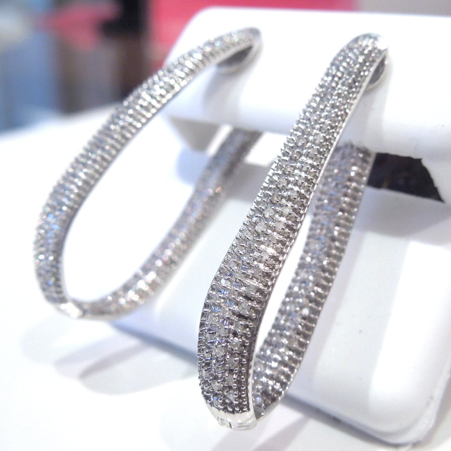Sterling Silver and Oblong Diamond Hoop Earrings