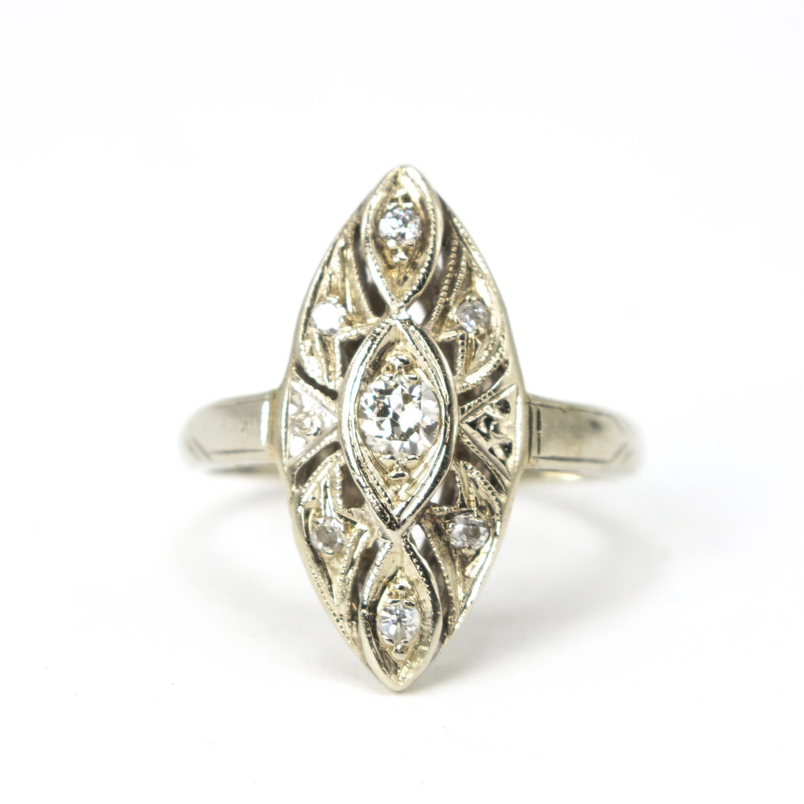 Antique Art Deco Diamond and White Gold Navette Ring