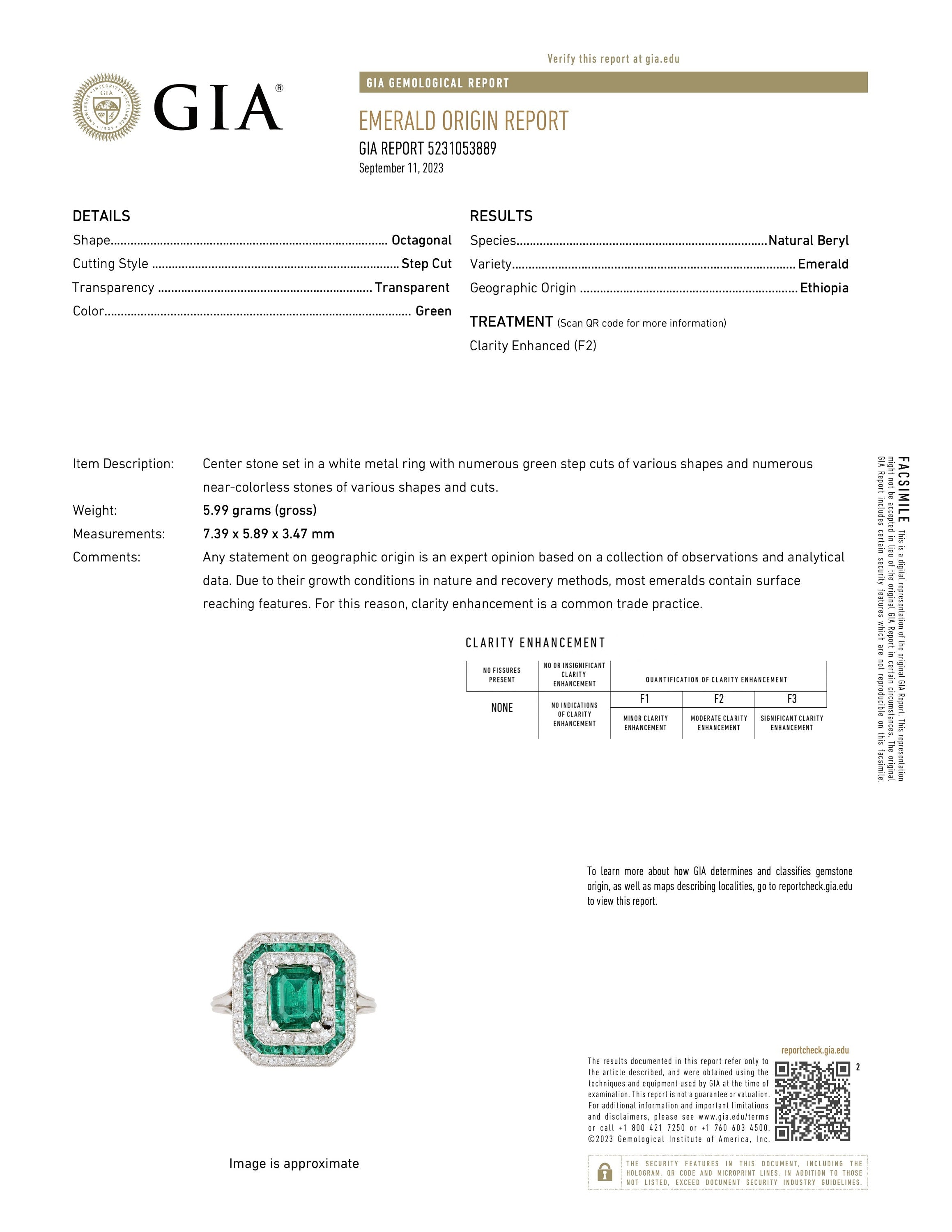 GIA Certified Emerald Cut Emerald in Platinum Art Deco Ring with Diamond and Emerald Double Octagonal Halo