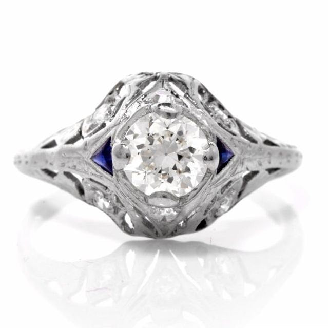 Vintage .60ct Diamond and Sapphire Art Deco Platinum Engagement Ring