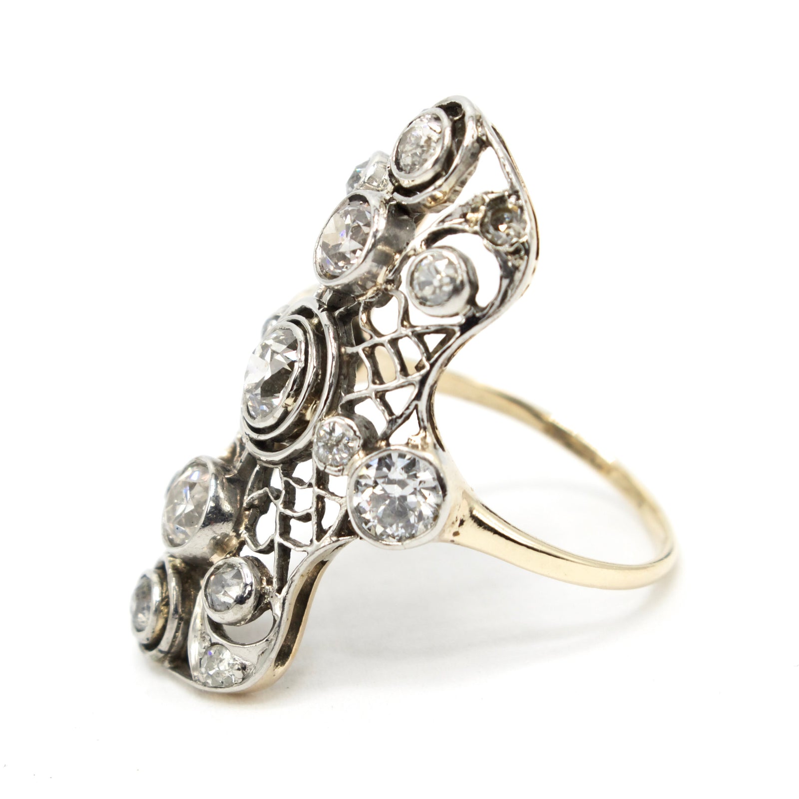 Edwardian Old Mine Cut and European Cut Diamond Navette Ring in Platinum