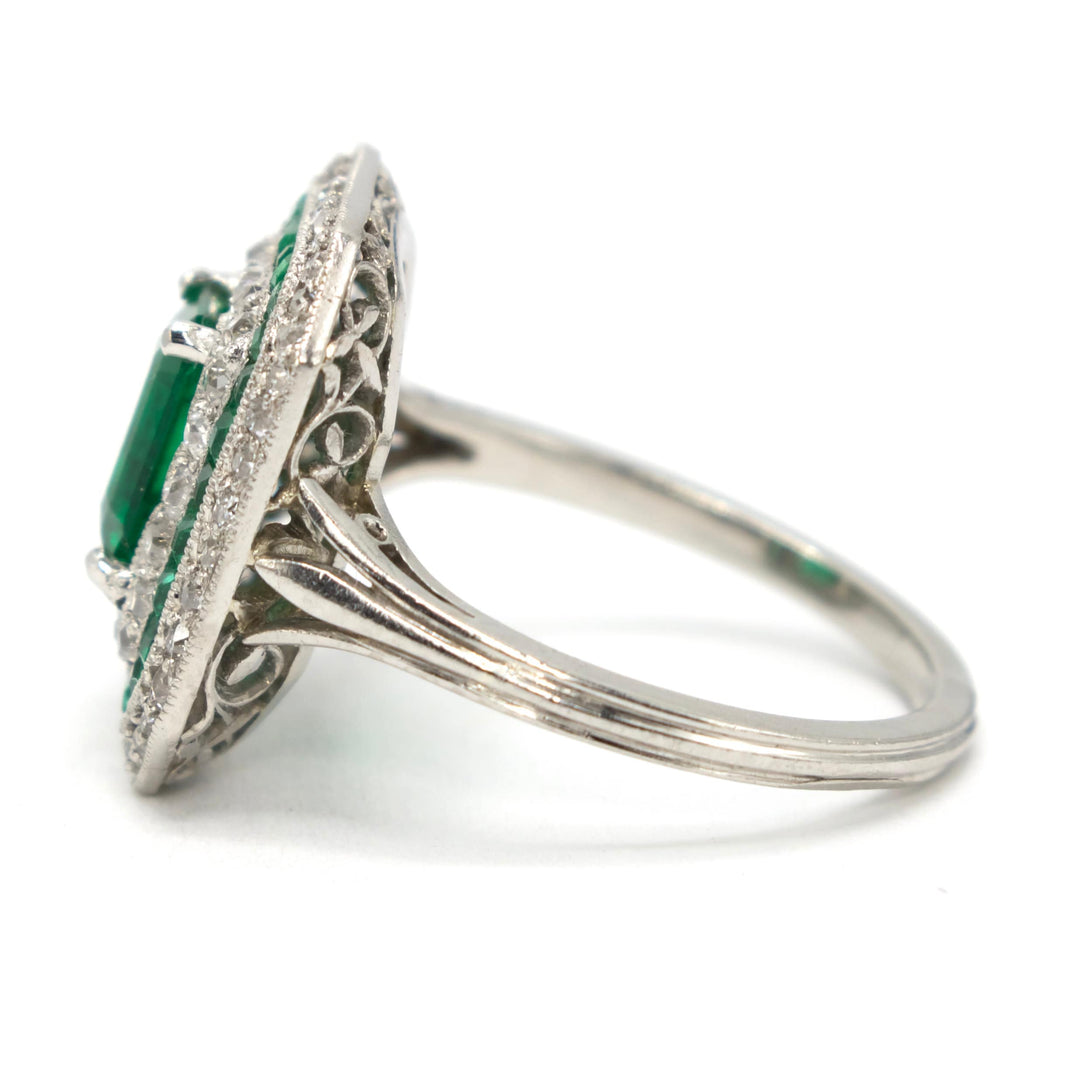 Emerald Rrr GIA Certified Emerald Cut Emerald in Platinum Art Deco Ring with Diamo ...