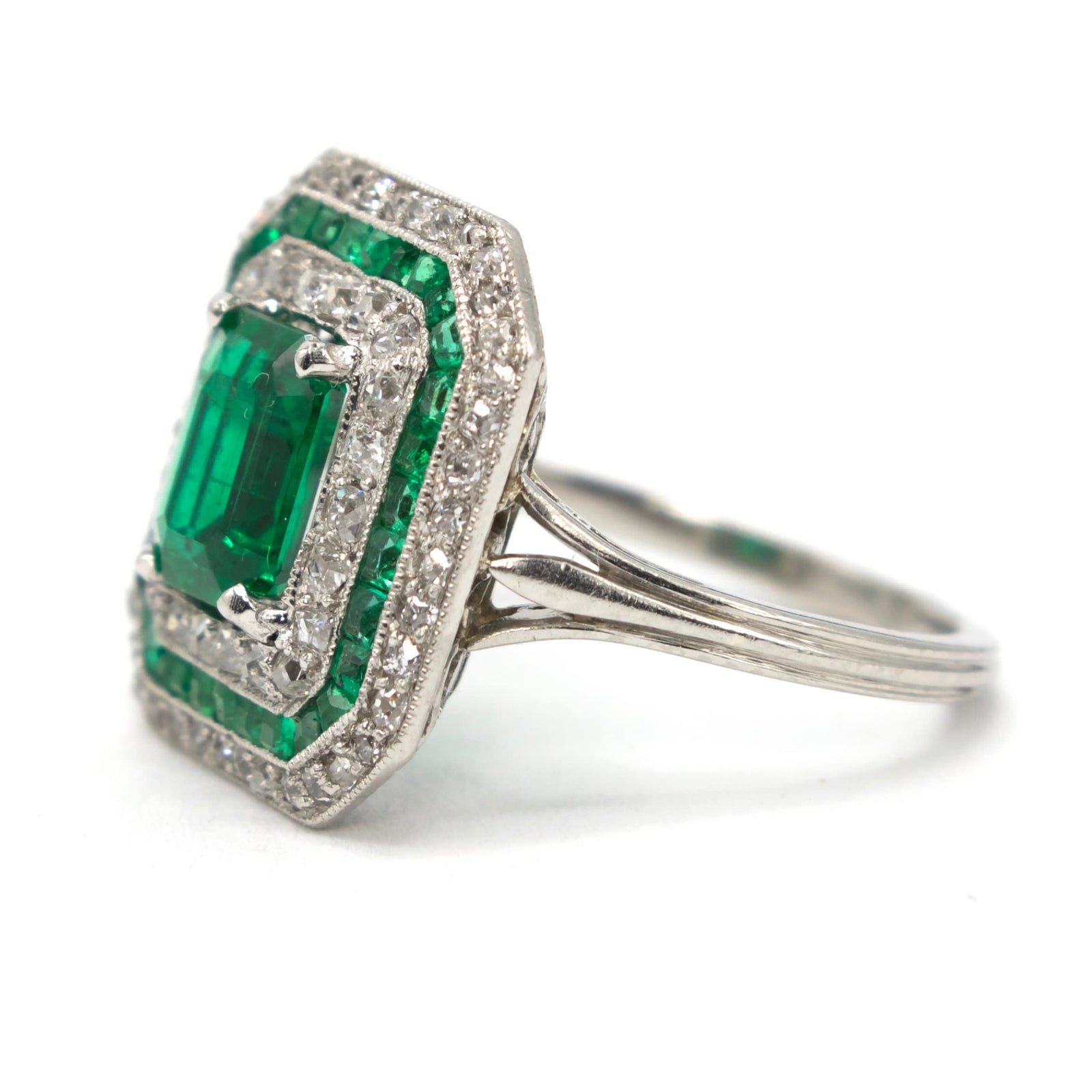 GIA Certified Emerald Cut Emerald in Platinum Art Deco Ring with Diamond and Emerald Double Octagonal Halo