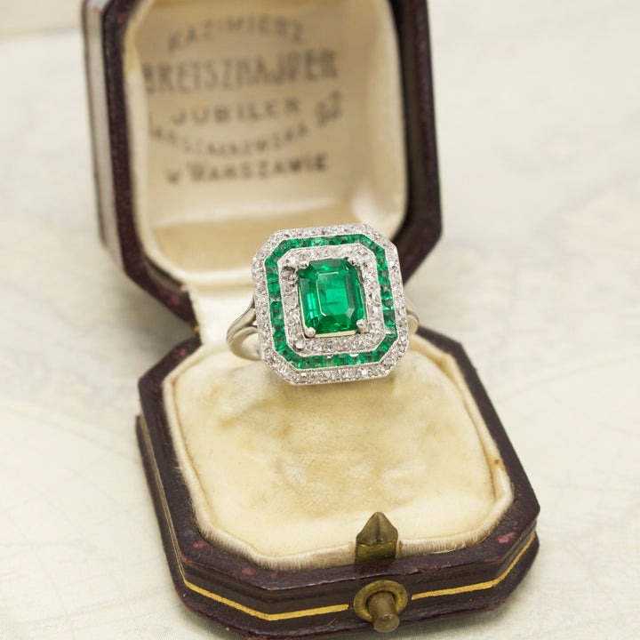 GIA Certified Emerald Cut Emerald in Platinum Art Deco Ring with Diamond and Emerald Double Octagonal Halo
