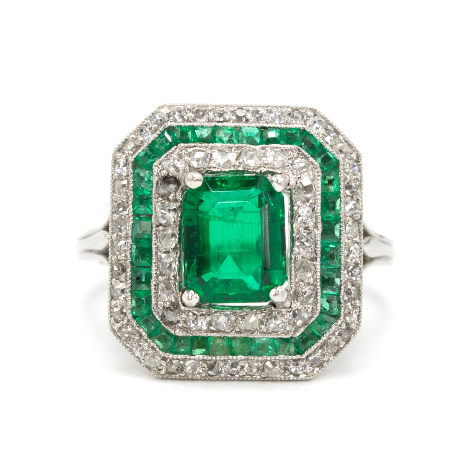 GIA Certified Emerald Cut Emerald in Platinum Art Deco Ring with Diamond and Emerald Double Octagonal Halo