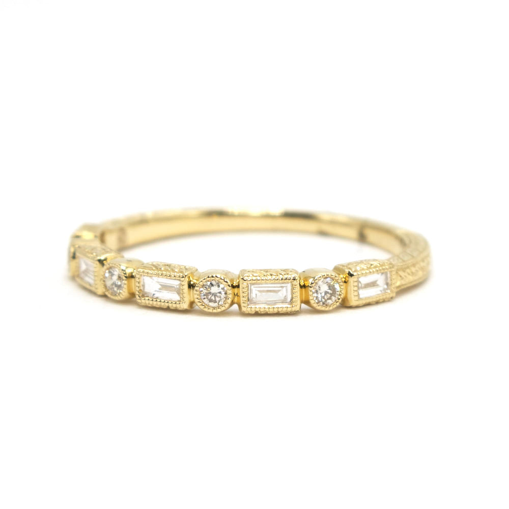 Alternating Round and Baguette Art Deco Style Diamond Wedding Band in 14K Yellow Gold