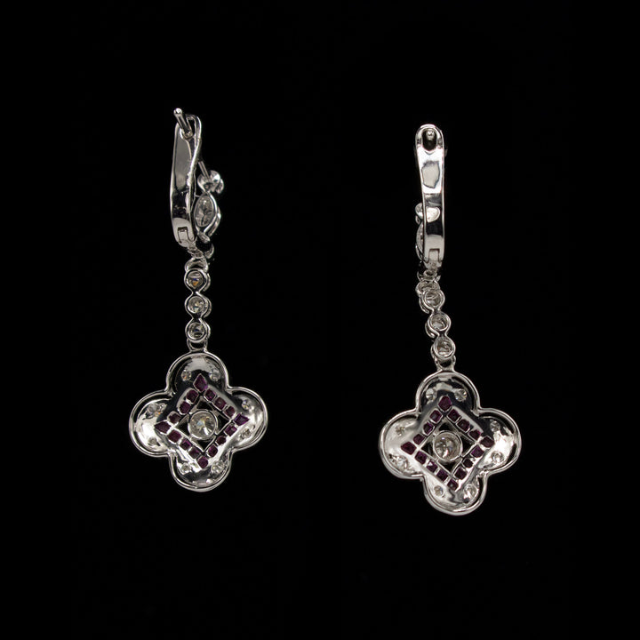 Ruby and Diamond Art Deco Style Quatrefoil Drop Earrings in White Gold