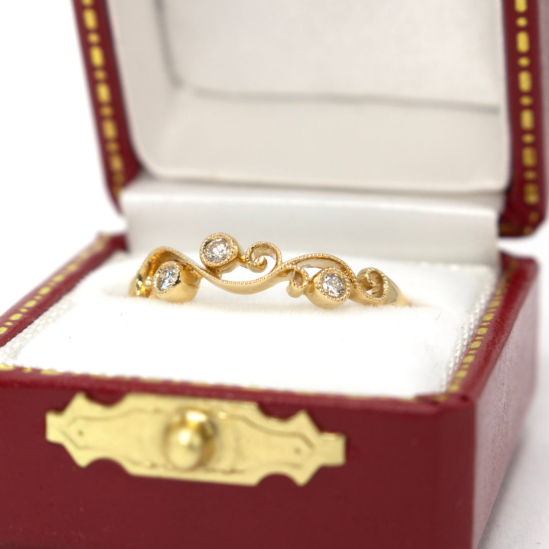 Nature Inspired Vine Motif Wedding Band in Yellow Gold with Diamonds