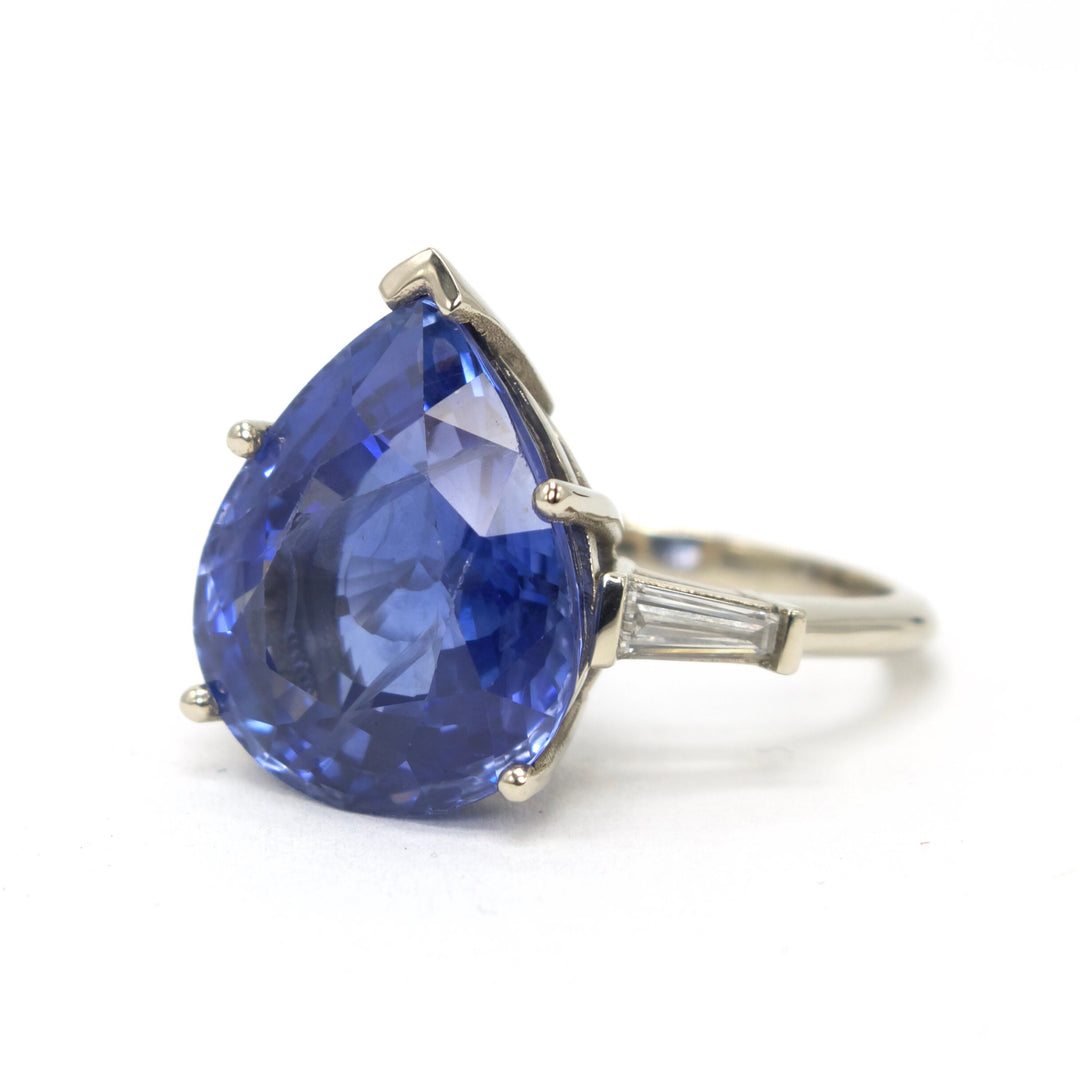 GIA Certified 12.7ct Sri Lankan Pear Blue Sapphire in White Gold with Baguettes