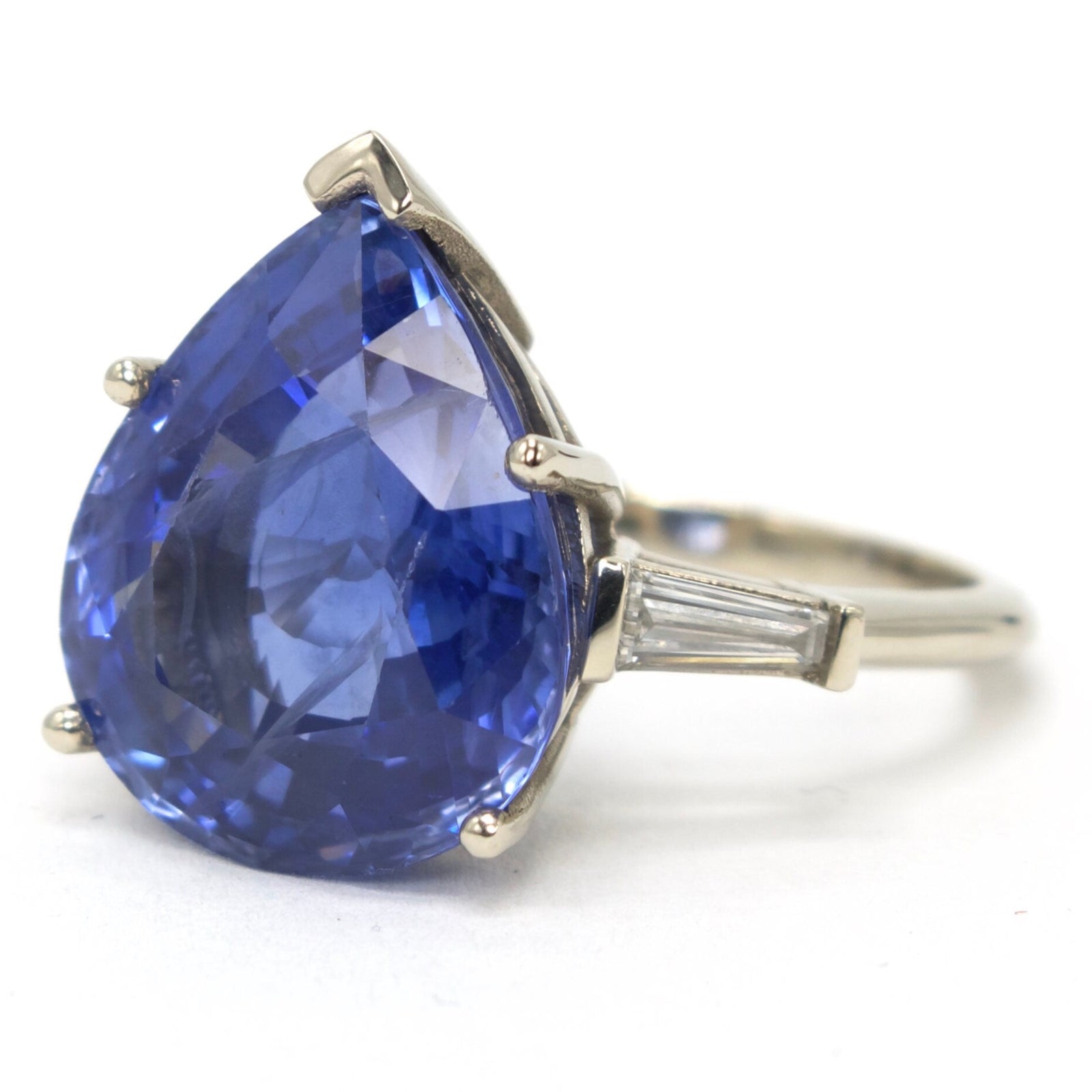 GIA Certified 12.7ct Sri Lankan Pear Blue Sapphire in White Gold with Baguettes