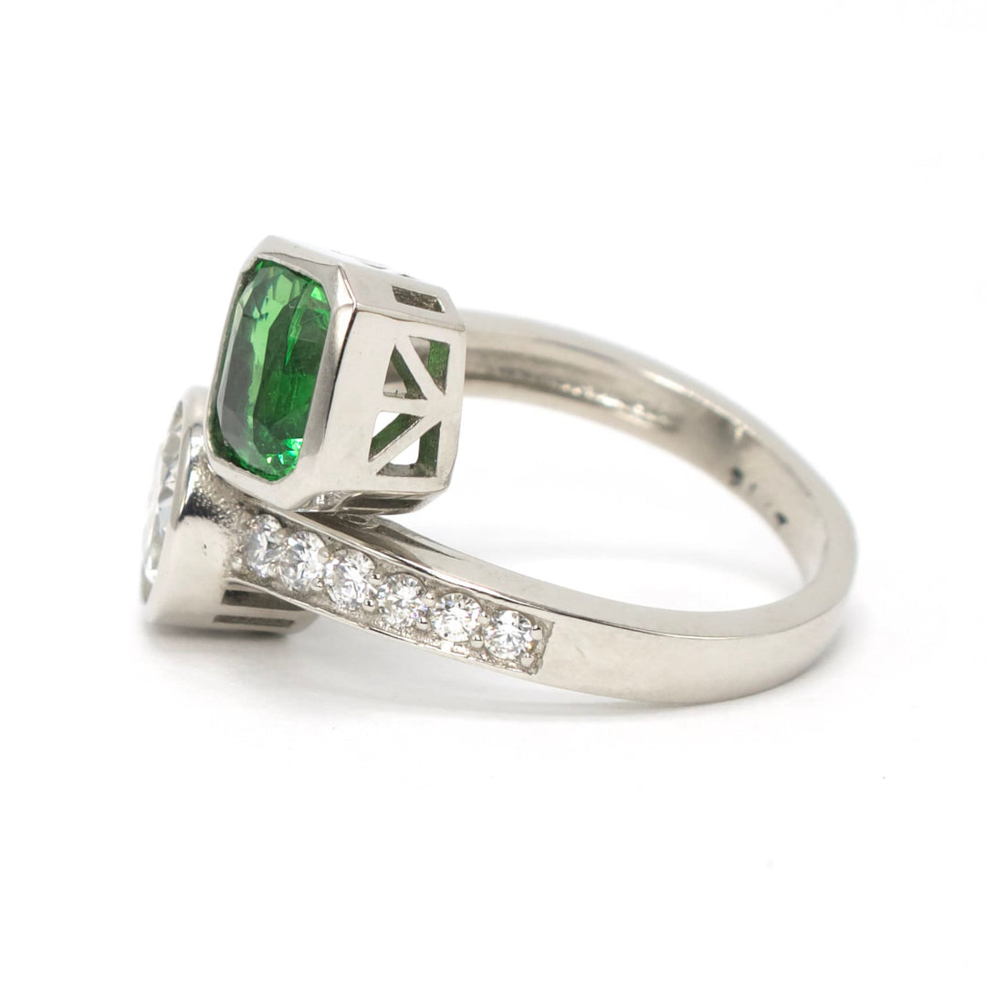 Tsavorite Garnet and 0.75 carat Diamond Toi et Moi Bypass Engagement Ring