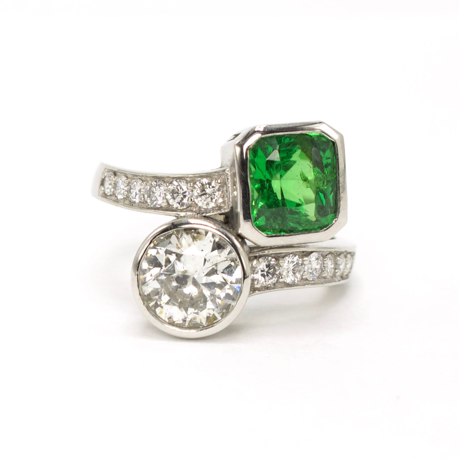 Tsavorite Garnet and 0.75 carat Diamond Toi et Moi Bypass Engagement Ring