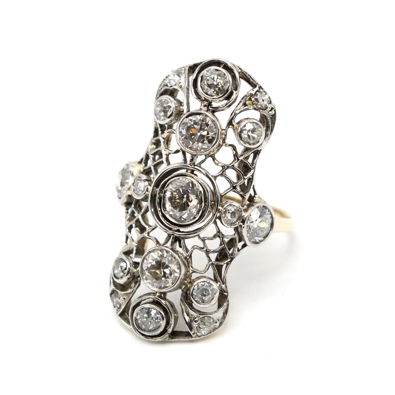 Edwardian Old Mine Cut and European Cut Diamond Navette Ring in Platinum