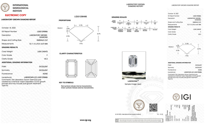 3.08 carat Emerald Cut Lab Grown Diamond in White Gold with Geometric Sapphire Art Deco Style Ring Guards