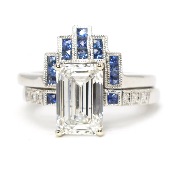 3.08 carat Emerald Cut Lab Grown Diamond in White Gold with Geometric Sapphire Art Deco Style Ring Guards