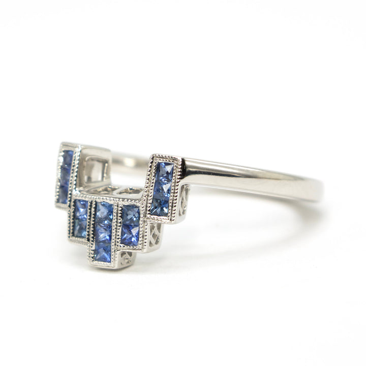 3.08 carat Emerald Cut Lab Grown Diamond in White Gold with Geometric Sapphire Art Deco Style Ring Guards