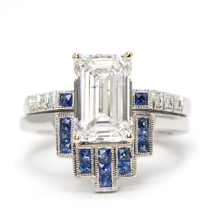 3.08 carat Emerald Cut Lab Grown Diamond in White Gold with Geometric Sapphire Art Deco Style Ring Guards