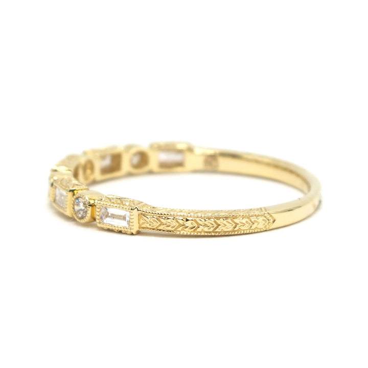 Alternating Round and Baguette Art Deco Style Diamond Wedding Band in 14K Yellow Gold