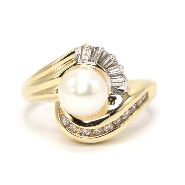 Pearl and Diamond Bypass Style Ring in 14K Yellow Gold