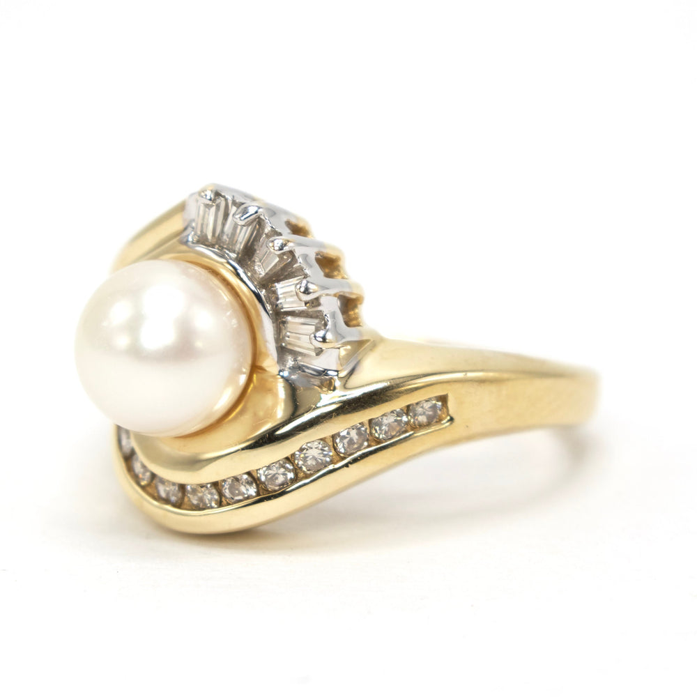 Pearl and Diamond Bypass Style Ring in 14K Yellow Gold