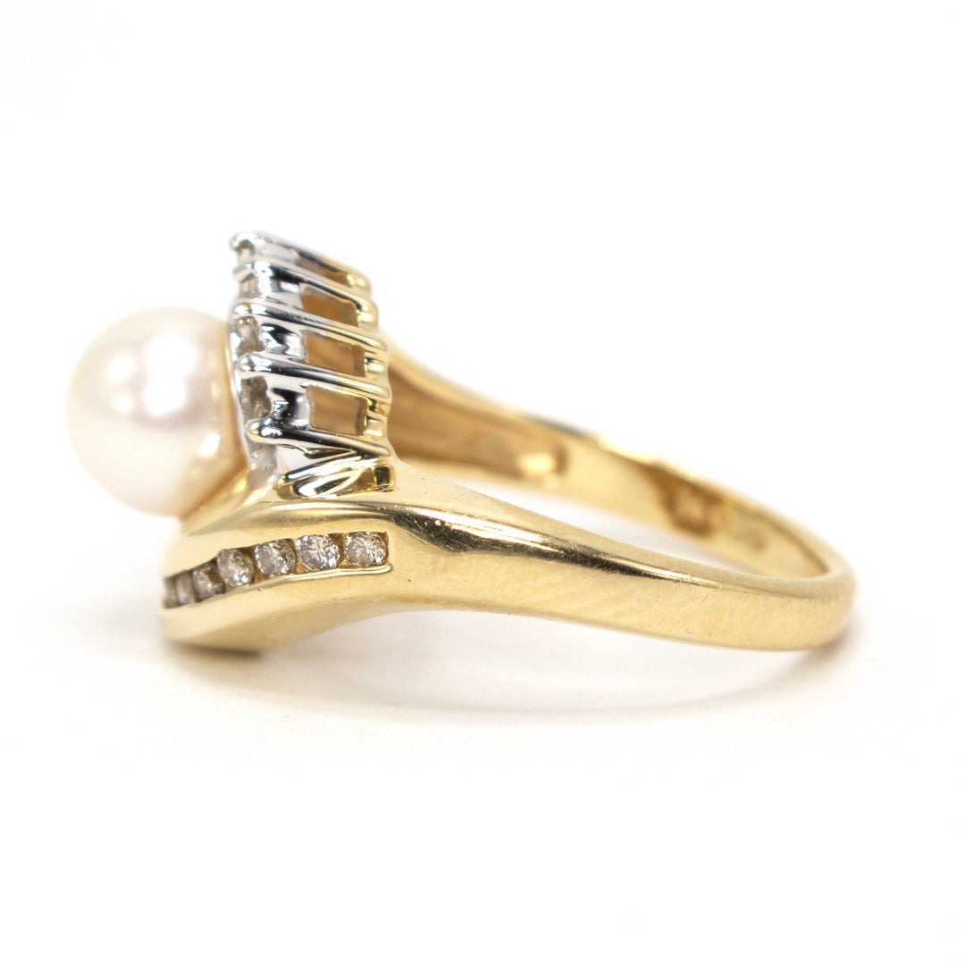 Pearl and Diamond Bypass Style Ring in 14K Yellow Gold