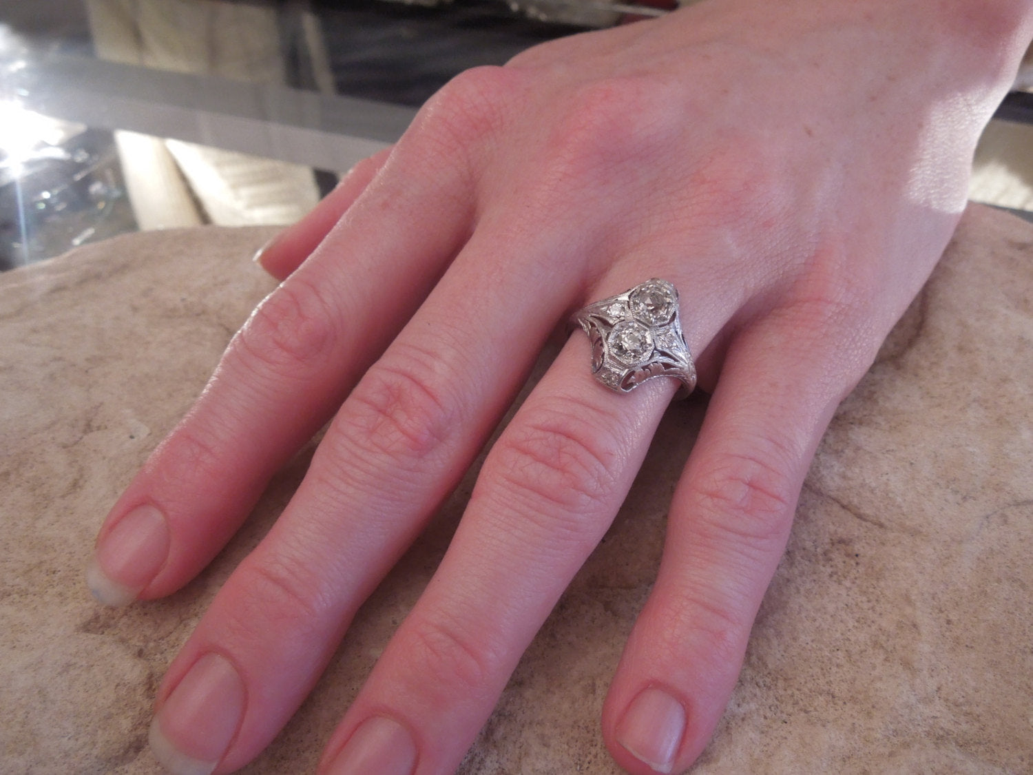 Platinum Two Stone Navette Art Deco Diamond Engagement Ring