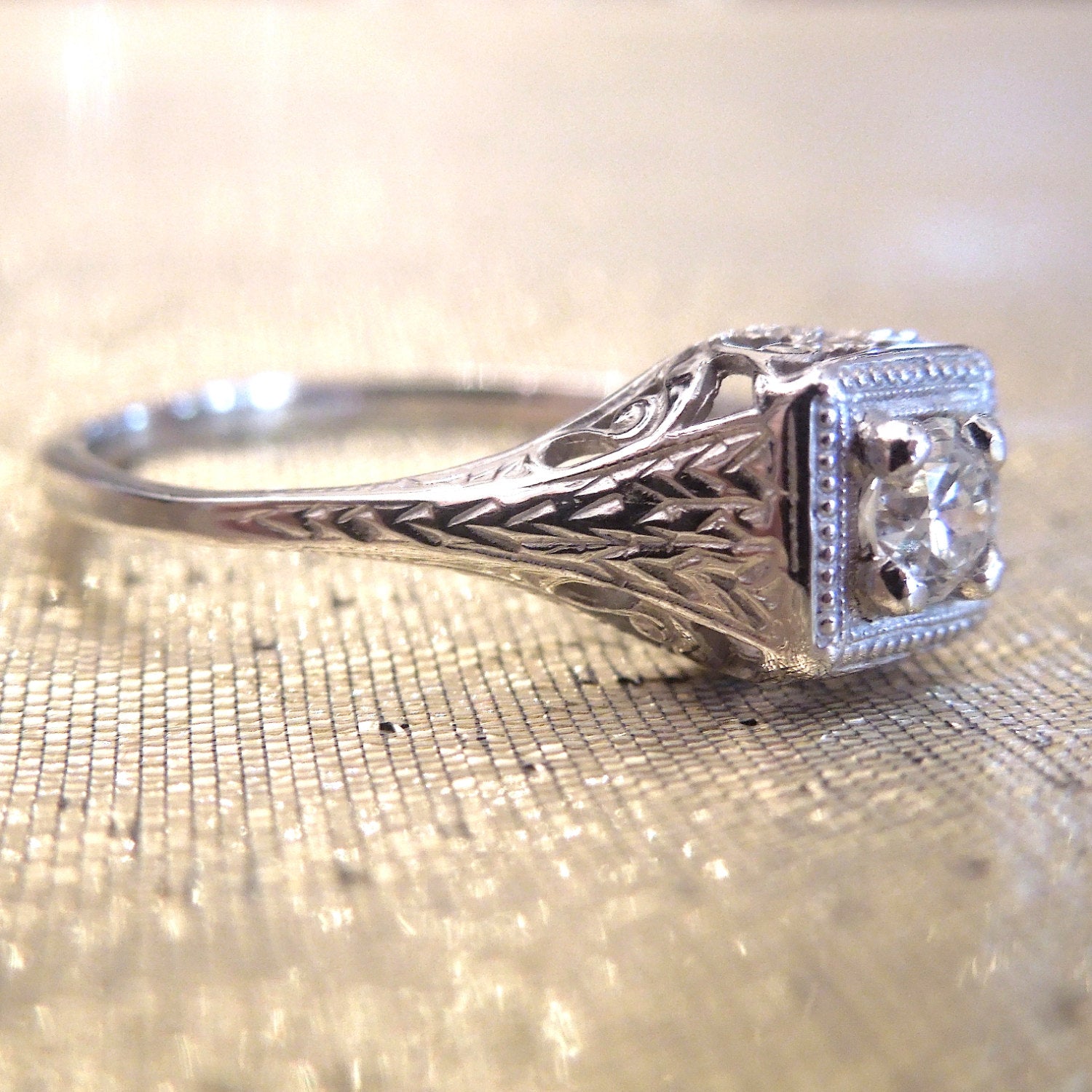 Art Deco Diamond  Filigree Ring with Old Cut Stone