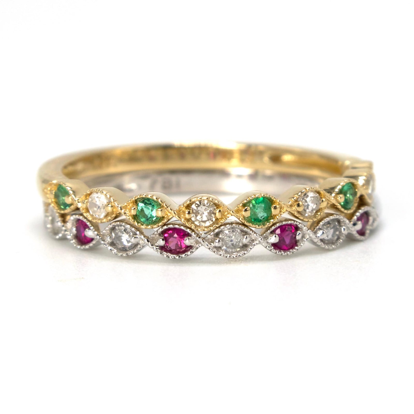 Petite Diamond, Ruby, and Emerald Wedding Bands in White and Yellow Gold