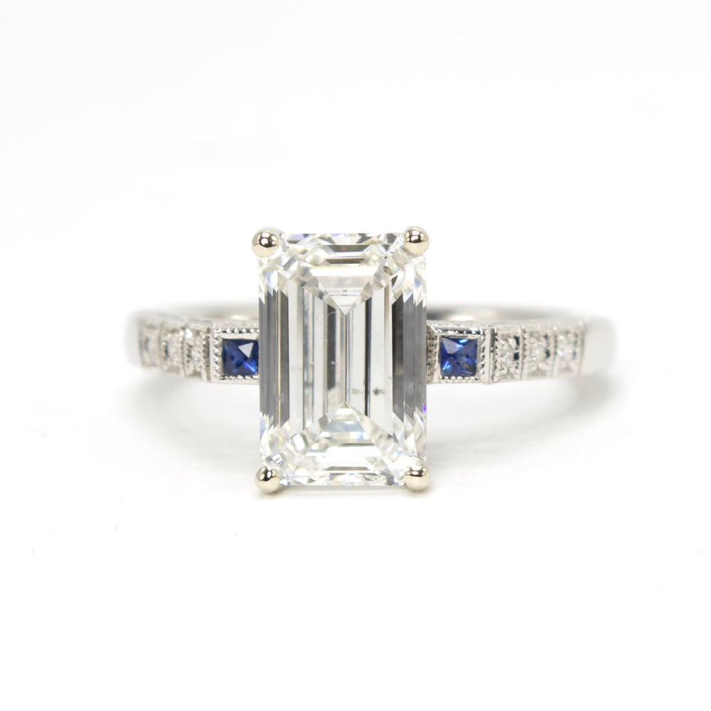 3.08 carat Emerald Cut Lab Grown Diamond in White Gold with Geometric Sapphire Art Deco Style Ring Guards