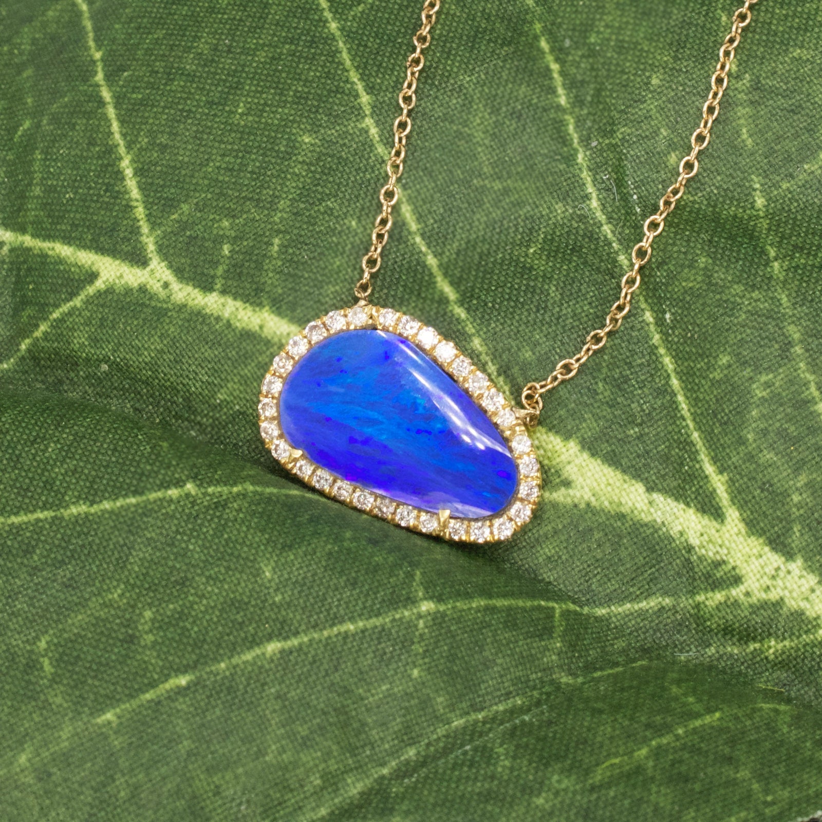 Bold Bright Blue Black Opal Necklace with Diamond Halo in Yellow Gold