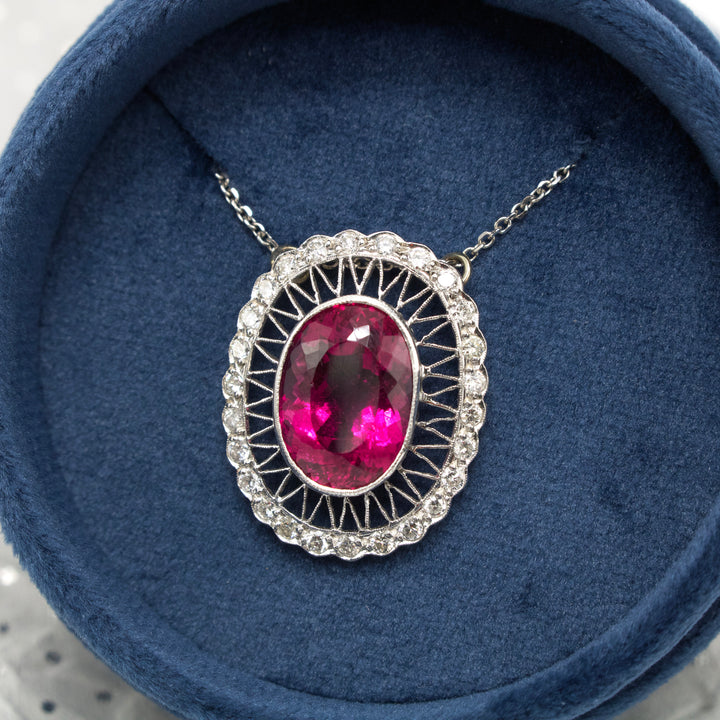 Estate Oval Rubellite and Diamond Halo Filigree Pendant Necklace