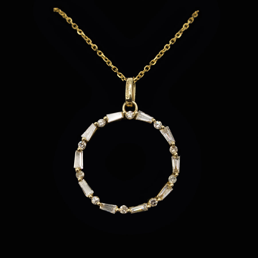Baguette and Round Diamond Circle Pendant Necklace in Yellow Gold