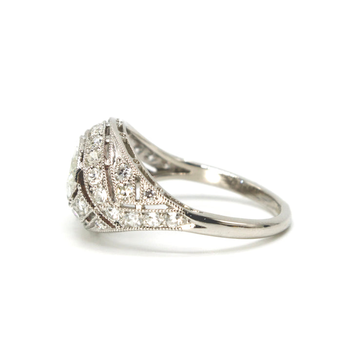 Art Deco Style East-West Marquise Cut Diamond Ring with Single Cut Accent Diamonds in Platinum