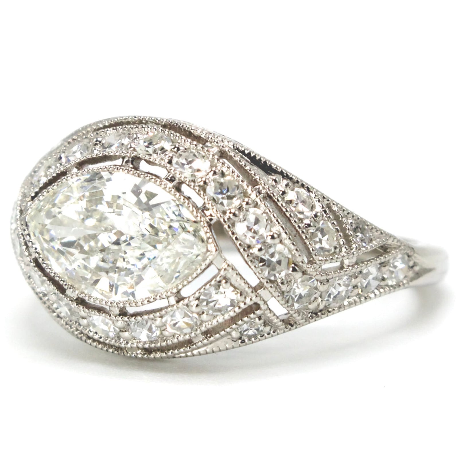 Art Deco Style East-West Marquise Cut Diamond Ring with Single Cut Accent Diamonds in Platinum