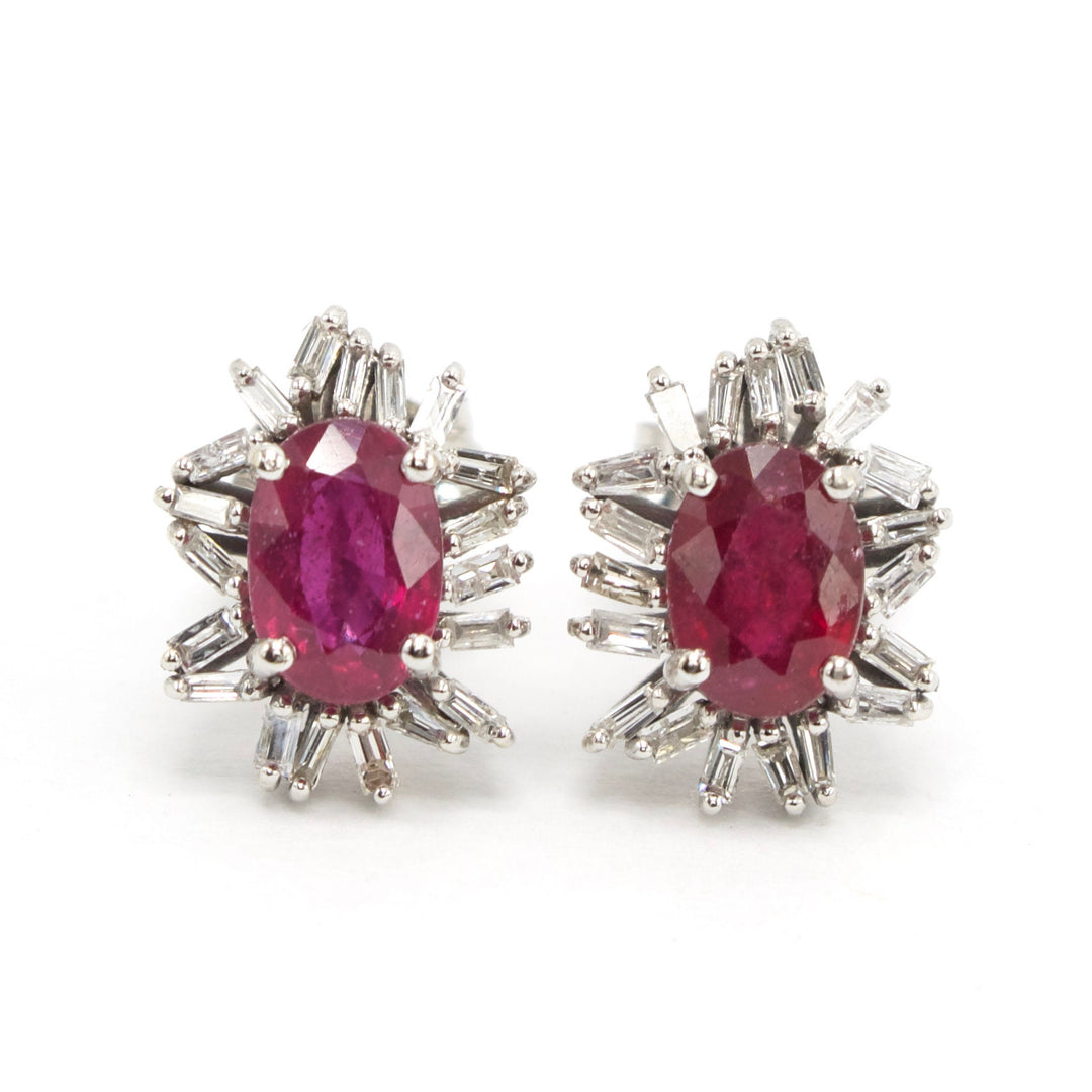 Oval Ruby and Baguette Diamond Halo Stud Earrings