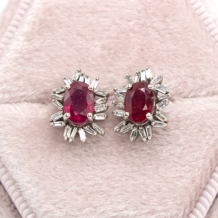 Oval Ruby and Baguette Diamond Halo Stud Earrings