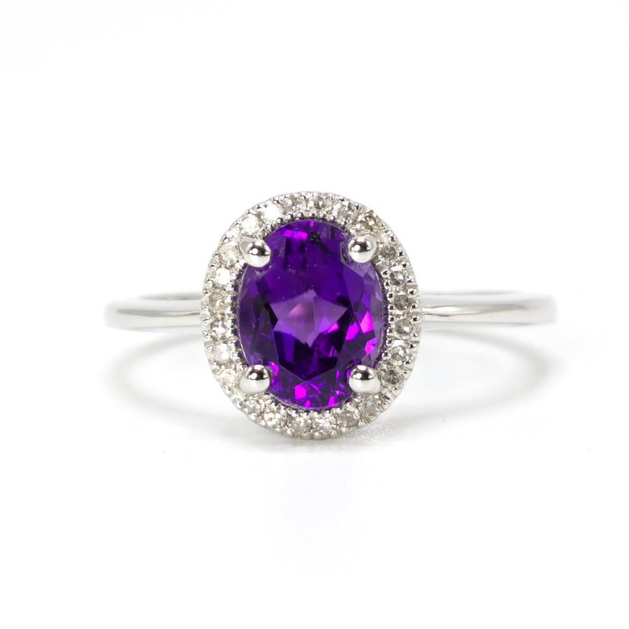 Oval Amethyst with Diamond Halo Engagement Ring in White Gold