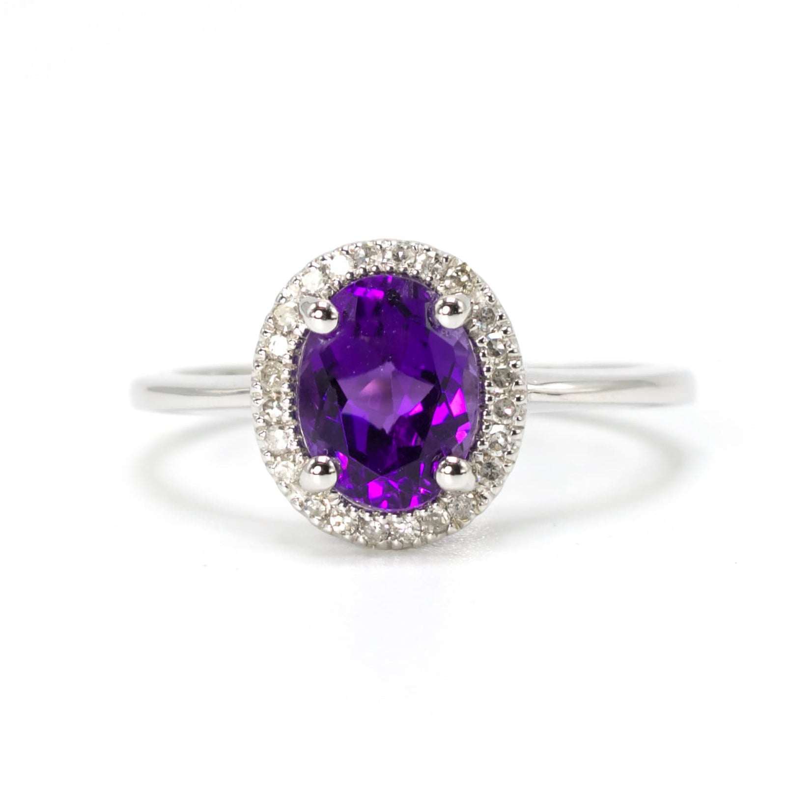 Oval Amethyst with Diamond Halo Engagement Ring in White Gold
